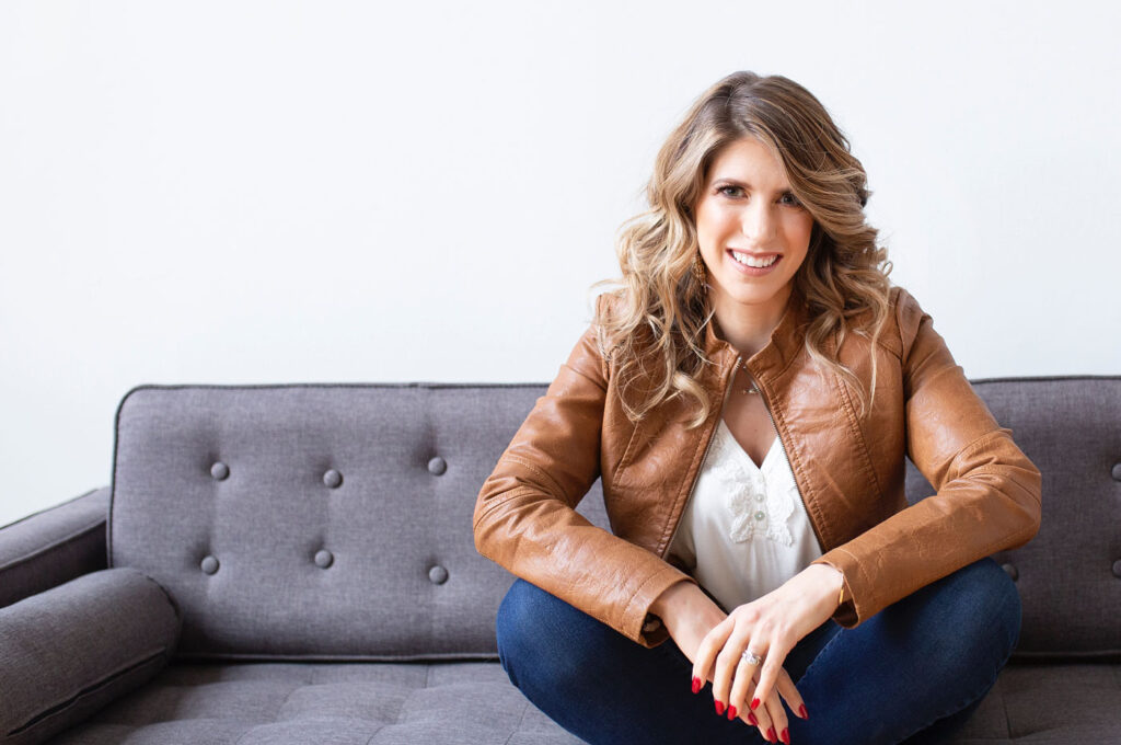allie on gray couch